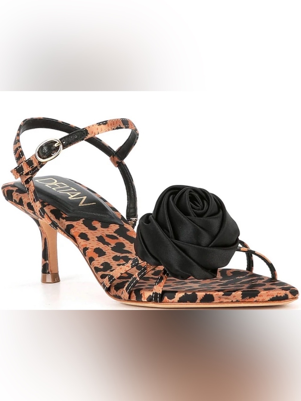Deltan Amaya Satin Leopard Print Flower Ornament Dress Sandals